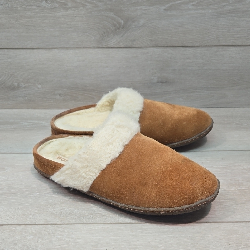 Sorel Women Slippers Leather Faux Fur Mule Flats Shoes Sz 11